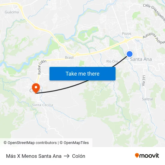 Más X Menos Santa Ana to Colón map