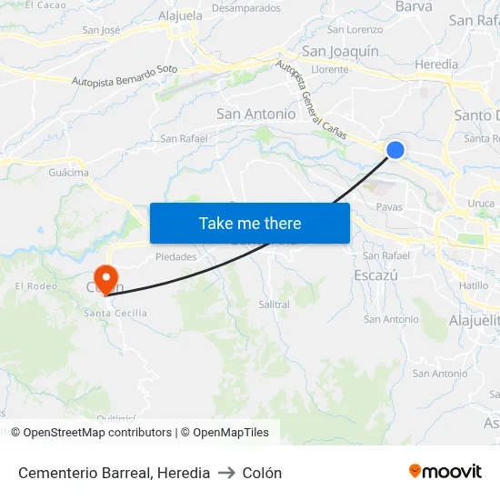Cementerio Barreal, Heredia to Colón map
