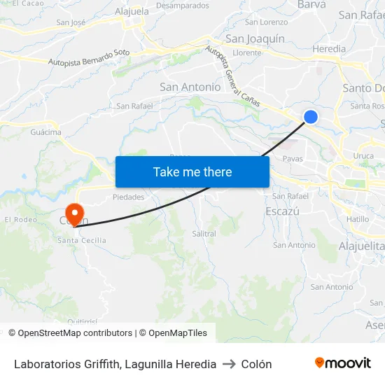 Laboratorios Griffith, Lagunilla Heredia to Colón map