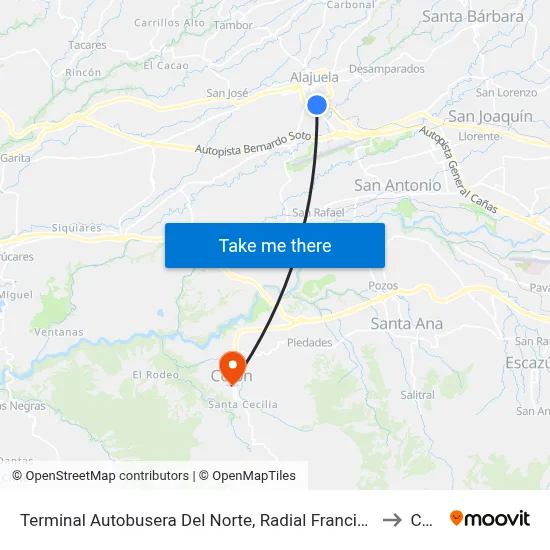 Terminal Autobusera Del Norte, Radial Francisco J. Orlich Alajuela to Colón map