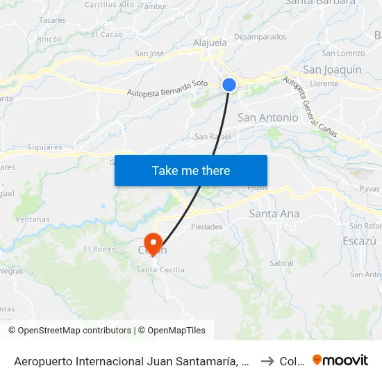 Aeropuerto Internacional Juan Santamaría, Alajuela to Colón map