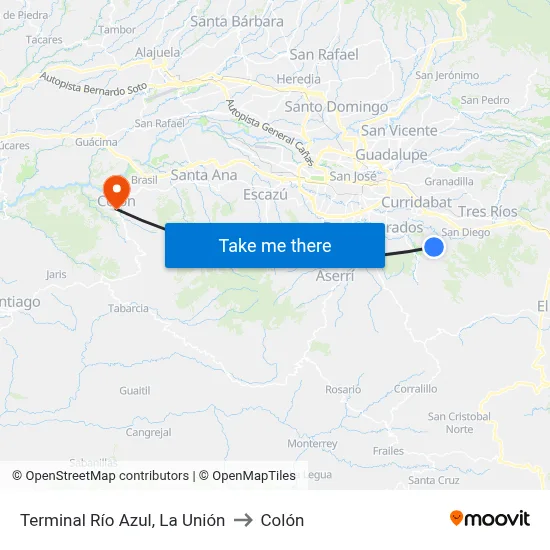 Terminal Río Azul, La Unión to Colón map