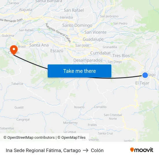 Ina Sede Regional Fátima, Cartago to Colón map