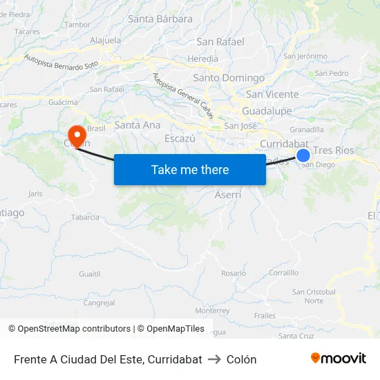 Frente A Ciudad Del Este, Curridabat to Colón map