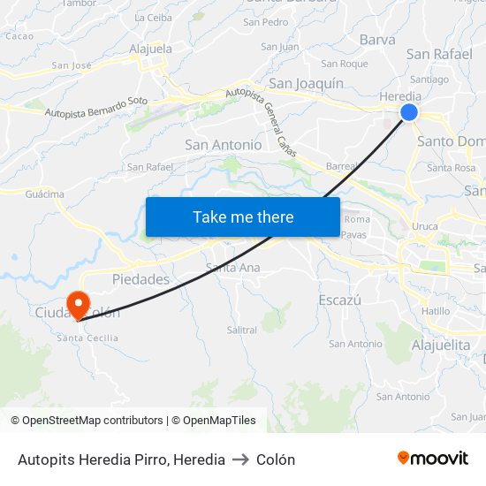 Autopits Heredia Pirro, Heredia to Colón map