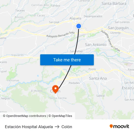 Estación Hospital Alajuela to Colón map