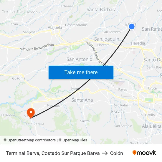 Terminal Barva, Costado Sur Parque Barva to Colón map