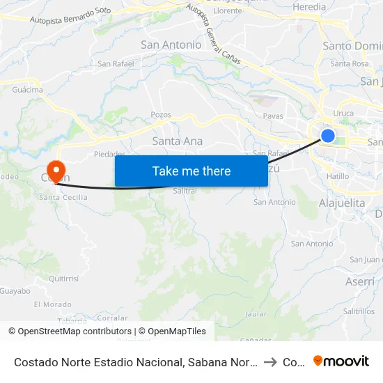 Costado Norte Estadio Nacional, Sabana Norte San José to Colón map