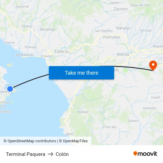 Terminal Paquera to Colón map
