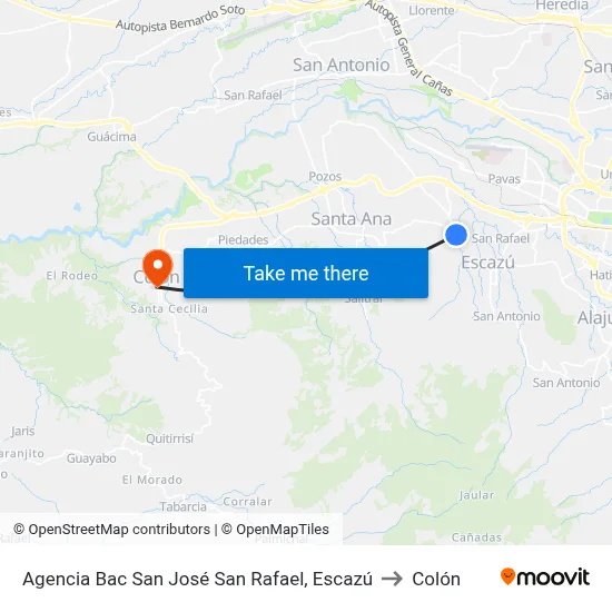 Agencia Bac San José San Rafael, Escazú to Colón map