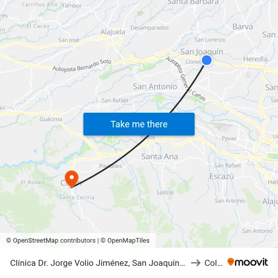 Clínica Dr. Jorge Volio Jiménez, San Joaquín De Flores to Colón map