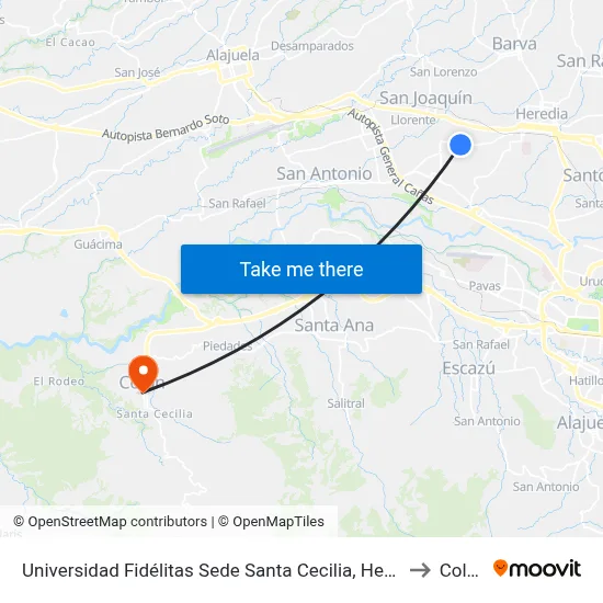 Universidad Fidélitas Sede Santa Cecilia, Heredia to Colón map