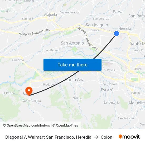Diagonal A Walmart San Francisco, Heredia to Colón map