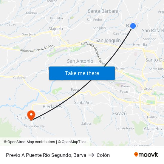 Previo A Puente Río Segundo, Barva to Colón map
