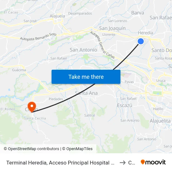 Terminal Heredia, Acceso Principal Hospital San Vicente De Paul to Colón map