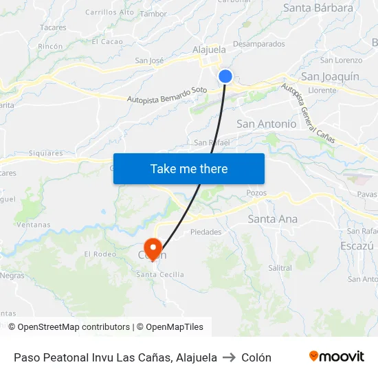 Paso Peatonal Invu Las Cañas, Alajuela to Colón map