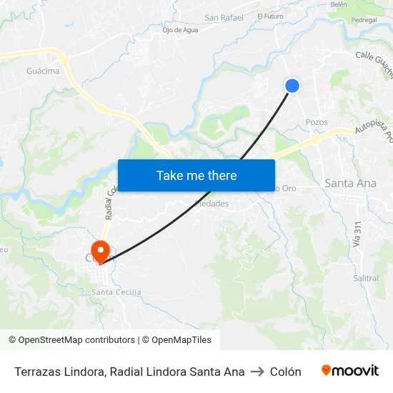 Terrazas Lindora, Radial Lindora Santa Ana to Colón map