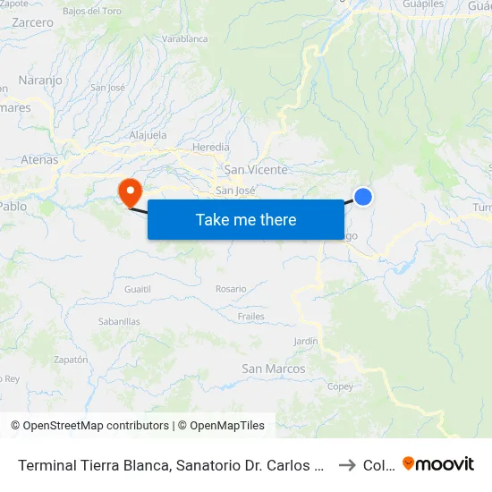 Terminal Tierra Blanca, Sanatorio Dr. Carlos Duran Cartín to Colón map