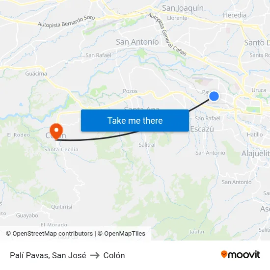 Palí Pavas, San José to Colón map