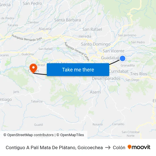 Contiguo A Palí Mata De Plátano, Goicoechea to Colón map
