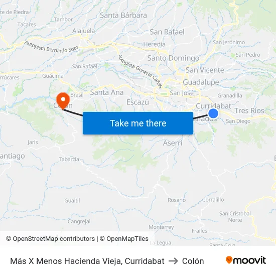 Más X Menos Hacienda Vieja, Curridabat to Colón map