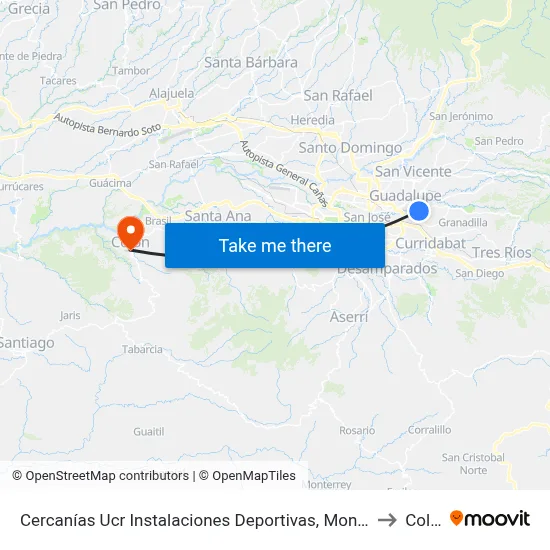 Cercanías Ucr Instalaciones Deportivas, Montes De Oca to Colón map