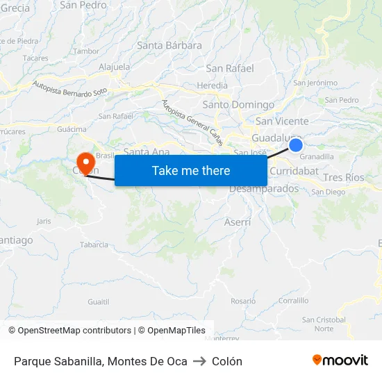 Parque Sabanilla, Montes De Oca to Colón map