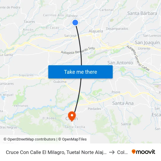 Cruce Con Calle El Milagro, Tuetal Norte Alajuela to Colón map