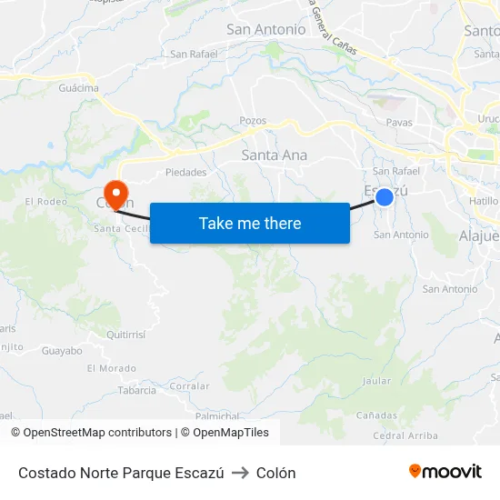 Costado Norte Parque Escazú to Colón map