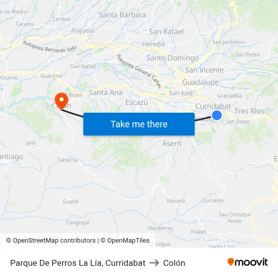 Parque De Perros La Lía, Curridabat to Colón map