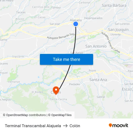 Terminal Transcambal Alajuela to Colón map