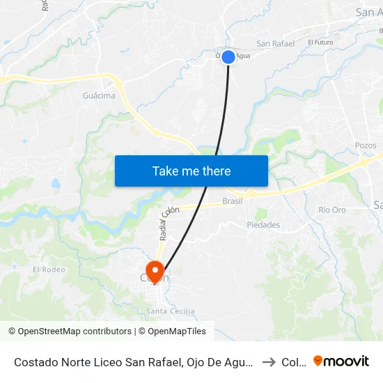 Costado Norte Liceo San Rafael, Ojo De Agua Alajuela to Colón map