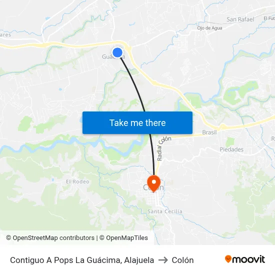 Contiguo A Pops La Guácima, Alajuela to Colón map