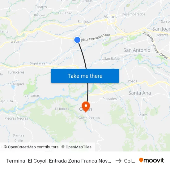 Terminal El Coyol, Entrada Zona Franca Nova Park to Colón map