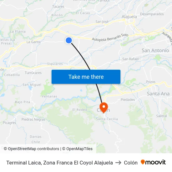Terminal Laica, Zona Franca El Coyol Alajuela to Colón map