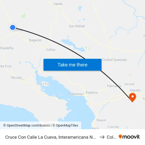 Cruce Con Calle La Cueva, Interamericana Norte Liberia to Colón map