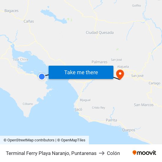 Terminal Ferry Playa Naranjo, Puntarenas to Colón map