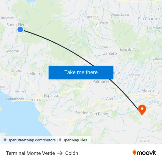Terminal Monte Verde to Colón map