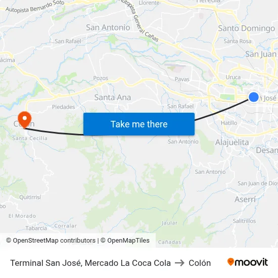 Terminal San José, Mercado La Coca Cola to Colón map