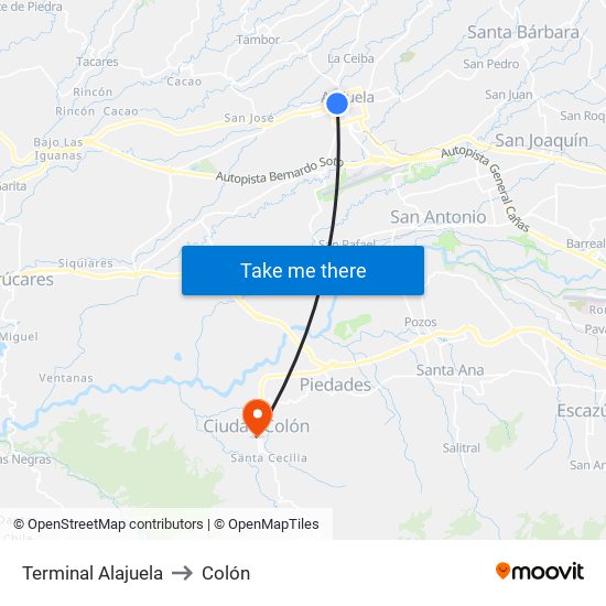 Terminal Alajuela to Colón map