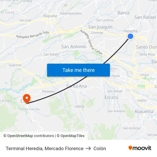 Terminal Heredia, Mercado Florence to Colón map