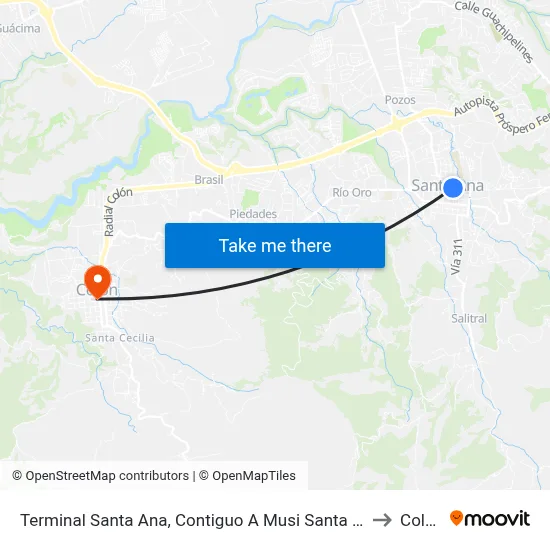Terminal Santa Ana, Contiguo A Musi Santa Ana to Colón map