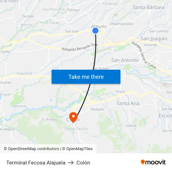 Terminal Fecosa Alajuela to Colón map