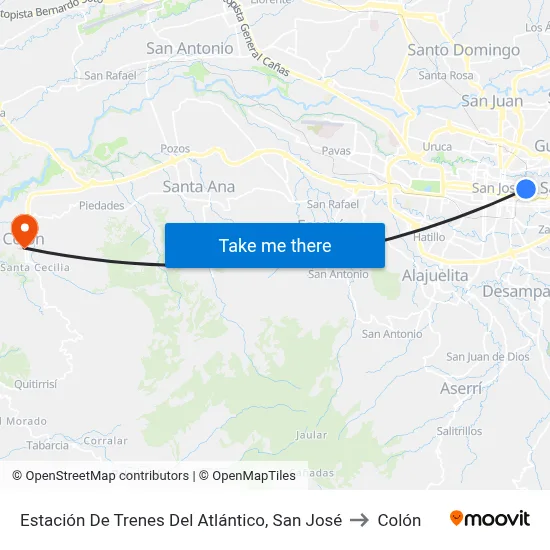 Estación De Trenes Del Atlántico, San José to Colón map