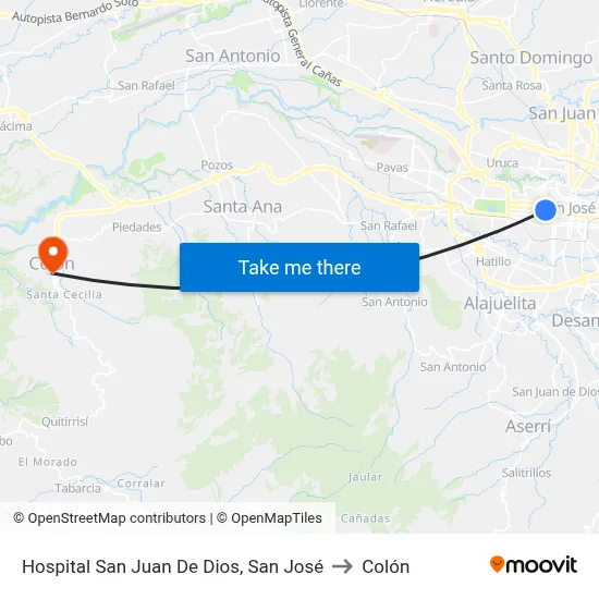 Hospital San Juan De Dios, San José to Colón map