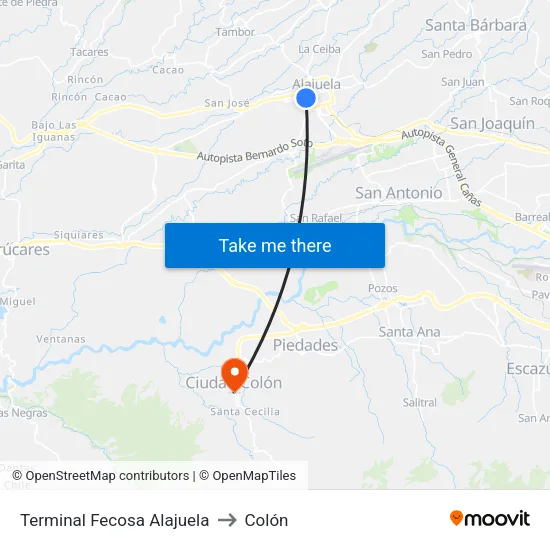 Terminal Fecosa Alajuela to Colón map