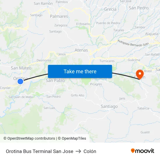 Orotina Bus Terminal San Jose to Colón map