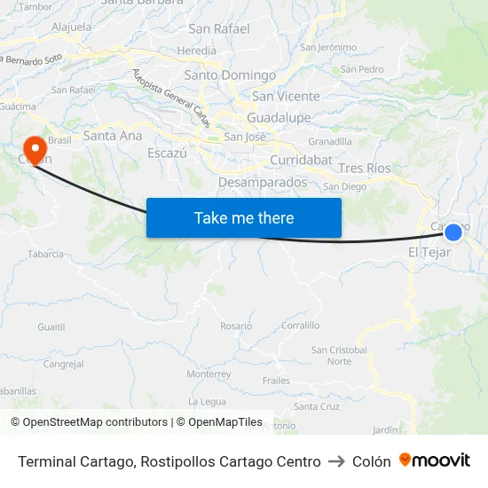 Terminal Cartago, Rostipollos Cartago Centro to Colón map