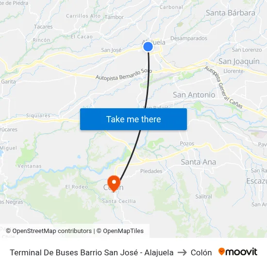 Terminal De Buses Barrio San José - Alajuela to Colón map
