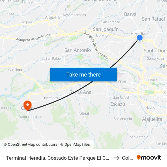 Terminal Heredia, Costado Este Parque El Carmén to Colón map